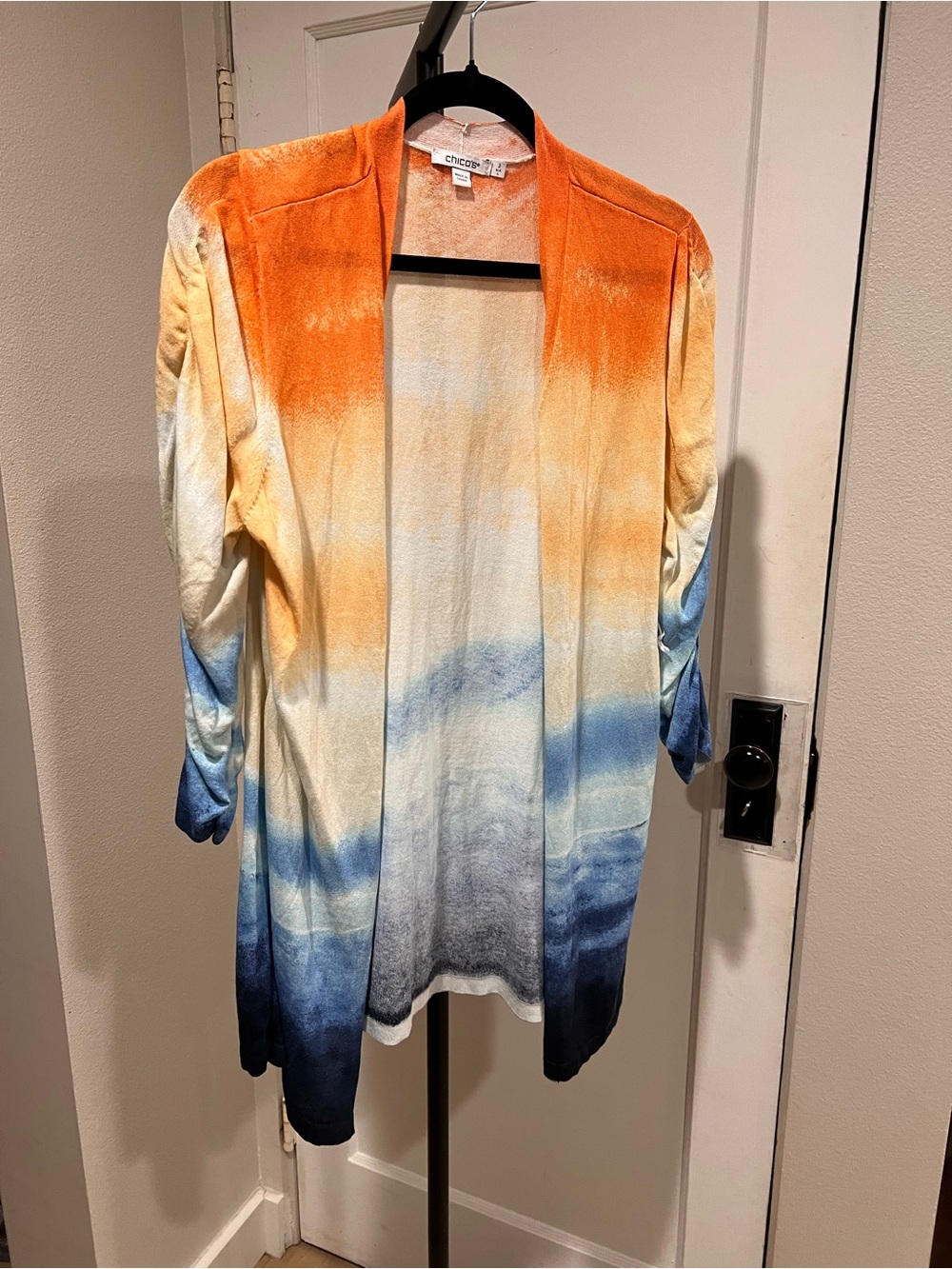 Chico's Ombre Open-Front Cardigan in Orange, Cream & Blue